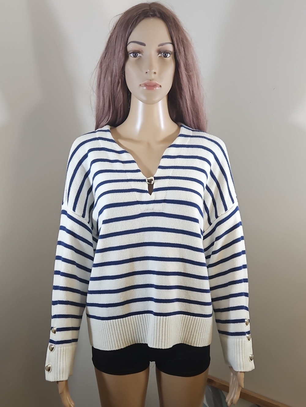 Kerri Rosenthal White & Navy Striped Chunky Knit V-Neck Sweater Heart Buttons